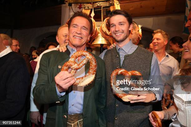 Arnold Schwarzenegger and his son Patrick Schwarzenegger during the 27th Weisswurstparty at Hotel Stanglwirt on January 19, 2018 in Going near...
