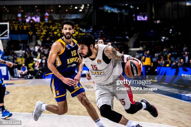 Georgios Printezis of Olympiacos drives to the basket during the 2017/2018 Turkish Airlines EuroLeague Regular Season Round 19 game between Khimki...