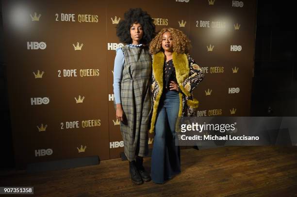 Actors Jessica Williams and Phoebe Robinson attend HBO's "2 Dope Queens" Winter Soiree during Sundance at Riverhorse On Main on January 19, 2018 in...
