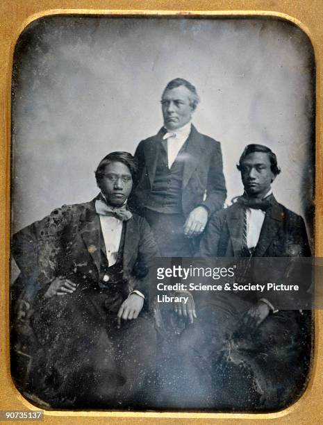 Daguerreotype by Southworth and Hawes, showing Princes Alexander Liholiho and Lot Kamehameha , together with Gerrit Parmele Judd, an American...