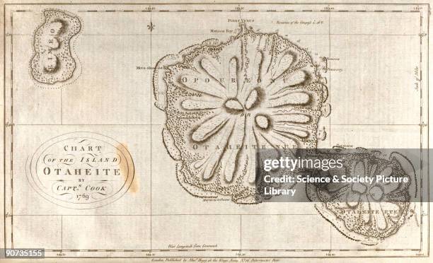 The island of Otaheite , showing details mapped during Captain Cook's first voyage to the South Pacific . From 'Complete History of Captain Cook's...