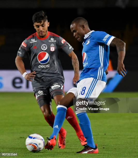 Jair Palacios of Millonarios passes the ball while defended by Kevin Ramirez of America de Cali during the friendly match between Millonarios and...