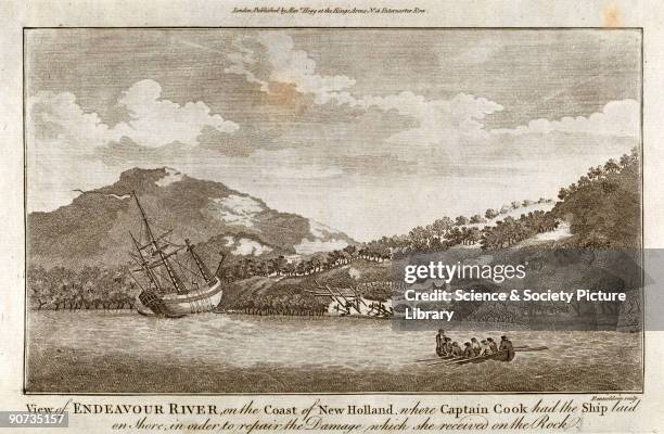 Engraving by Rennoldson of Captain Cook's ship Endeavour laid on the shoreline of New Holland for hull repairs during Cook's first voyage to the...