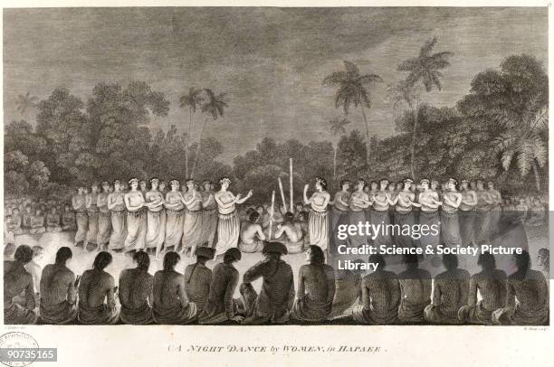 Women dancing on the island of Hapaee , one of the Friendly Islands, being watched by Captain Cook and his officers. From 'Complete History of...