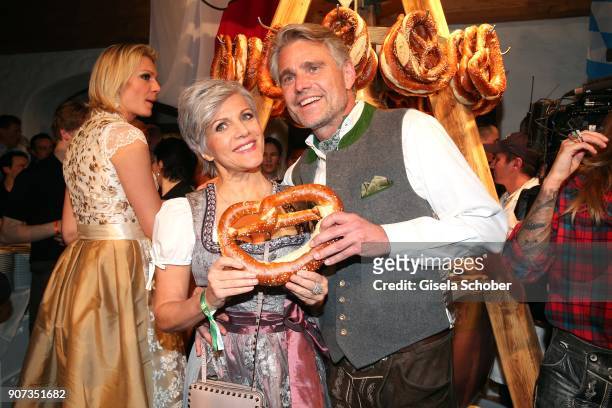 Birgit Schrowange and her boyfriend Frank Spothelfer during the 27th Weisswurstparty at Hotel Stanglwirt on January 19, 2018 in Going near Kitzbuehel...