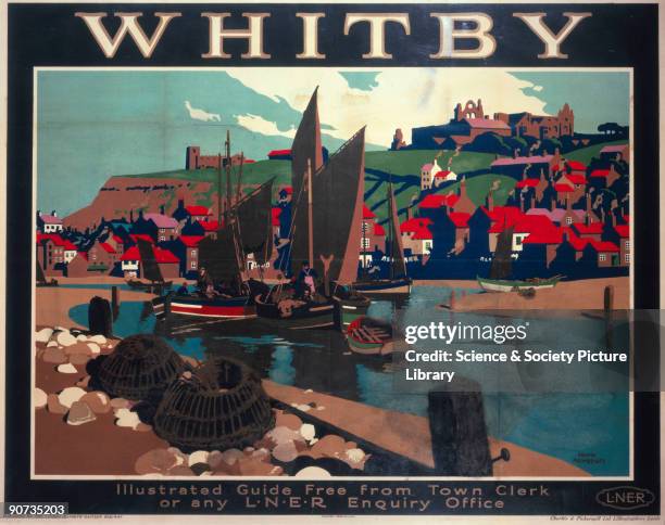 Poster produced for the London & North Eastern Railway , promoting rail travel to the resort and small port on the coast of North Yorkshire, showing...