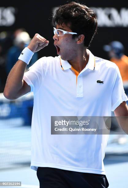 Hyeon Chung of Korea celebrates after winning the second set in his third round match against Alexander Zverev of Germany on day six of the 2018...