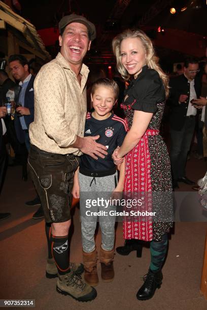 Nina Proll and her husband Gregor Bloeb and their son Leopold during the 27th Weisswurstparty at Hotel Stanglwirt on January 19, 2018 in Going near...