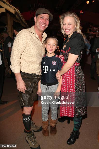 Nina Proll and her husband Gregor Bloeb and their son Leopold during the 27th Weisswurstparty at Hotel Stanglwirt on January 19, 2018 in Going near...