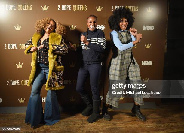 Actors Phoebe Robinson, Issa Rae and Jessica Williams attend HBO's "2 Dope Queens" Winter Soiree during Sundance at Riverhorse On Main on January 19,...