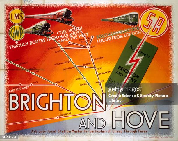 Poster produced for London, Midland & Scottish Railway , Great Western Railway and Southern Railway to promote rail services to Brighton and Hove....