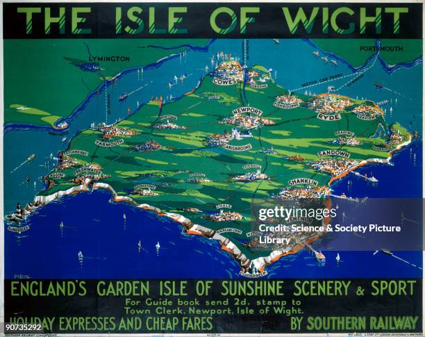 Poster produced for Southern Railway to promote the railway�s holiday expresses and cheap fares to the Isle of Wight. The poster shows a map of the...