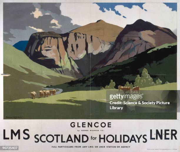 Poster produced for London, Midland & Scottish Railway and London & North Eastern Railway to promote rail travel to Glencoe in the Scottish...