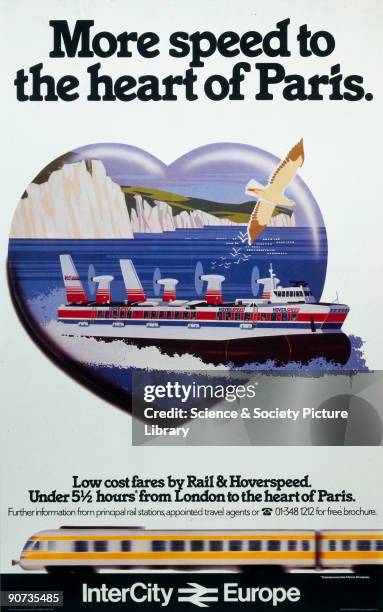 Poster showing a Hoverspeed hovercraft and the White Cliffs of Dover framed by a heart.