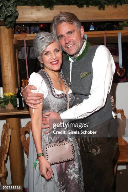 Birgit Schrowange and her boyfriend Frank Spothelfer during the 27th Weisswurstparty at Hotel Stanglwirt on January 19, 2018 in Going near Kitzbuehel...