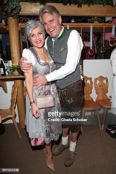 Birgit Schrowange and her boyfriend Frank Spothelfer during the 27th Weisswurstparty at Hotel Stanglwirt on January 19, 2018 in Going near Kitzbuehel...