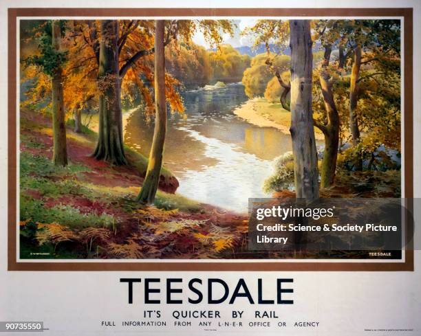 Poster produced for London North Eastern Railway showing a pastoral riverside scene in the Teesdale area.