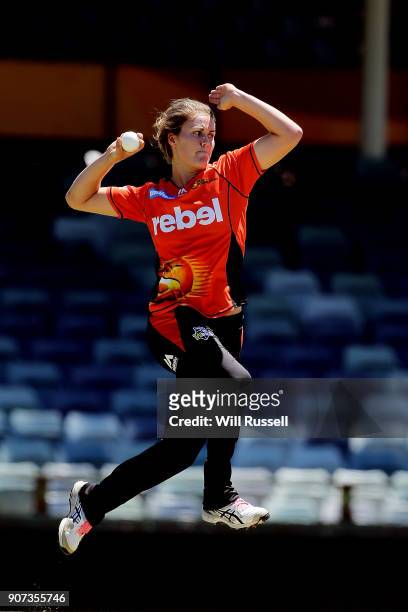 Natalie Sciver of the Scorchers bowls during the Women's Big Bash League match between the Perth Scorchers and the Hobart Hurricanes at WACA on...