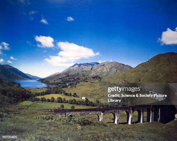 Artwork for a British Railways poster showing a view of the Glenfinnan Viaduct in the Scottish Highlands. Artwork by an unknown artist.