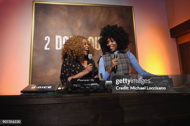 Actors Phoebe Robinson and Jessica Williams speak at HBO's "2 Dope Queens" Winter Soiree during Sundance at Riverhorse On Main on January 19, 2018 in...