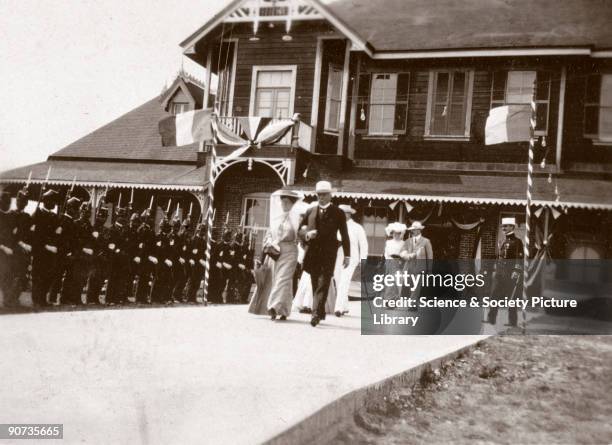 President Diaz passing a guard of honour during his visit to the Isthmus of Tehuantepec, Mexico, in 1905. President Porfirio Diaz ruled Mexico,...