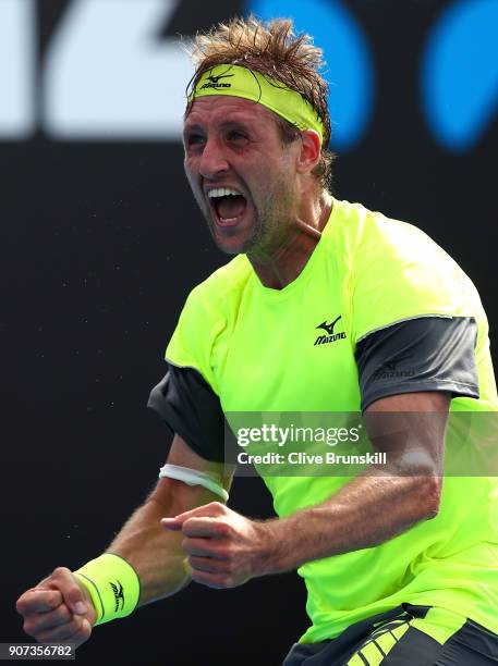 Tennys Sandgren of the United States celebrates winning match point in his third round match against Maximilian Marterer of Germany on day six of the...