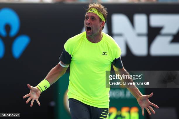 Tennys Sandgren of the United States celebrates winning match point in his third round match against Maximilian Marterer of Germany on day six of the...