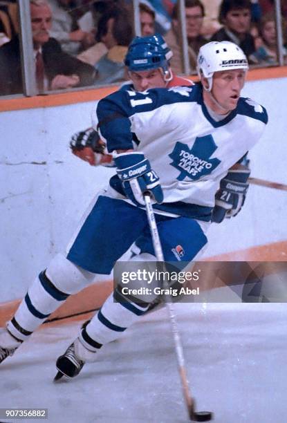 Borje Salming of the Toronto Maple Leafs skates against the Edmonton Oilers during NHL preseason game action on September 25, 1985 at Maple Leaf...