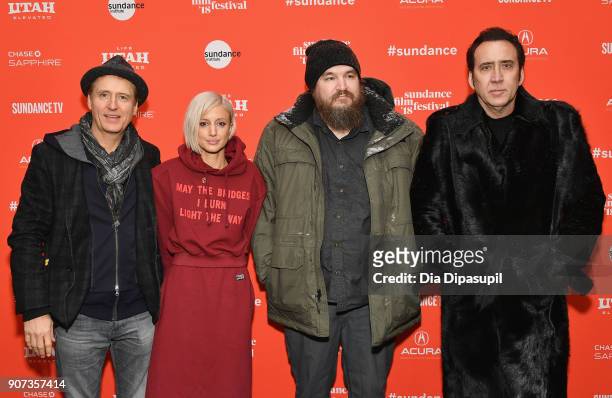 Actors Linus Roache, Andrea Riseborough, Director Panos Cosmatos Nicolas Cage attends the "Mandy" Premiere during the 2018 Sundance Film Festival at...