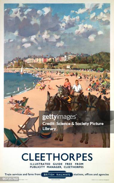 Poster produced for British Railways to promote rail travel to Cleethorpes, North East Lincolnshire. Artwork by Gyrth Russell .