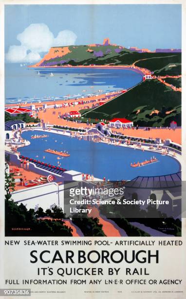 Poster produced for the London & North Eastern Railway to promote travel to Scarborough. The poster advertises the new artificially heated sea-water...
