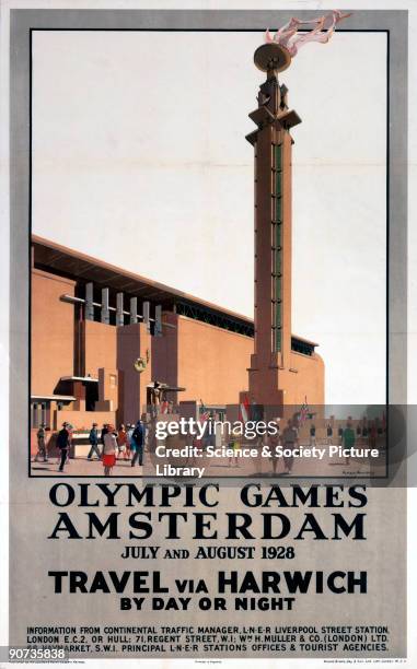Poster produced for the London & North Eastern Railway to promote rail and sea services to the 1928 Olympic Games, held in Amsterdam in July and...