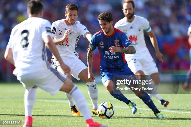 Patricio Rodriguez of the Jets controls the ball during the round 17 A-League match between the Newcastle Jets and Wellington Phoenix at McDonald...