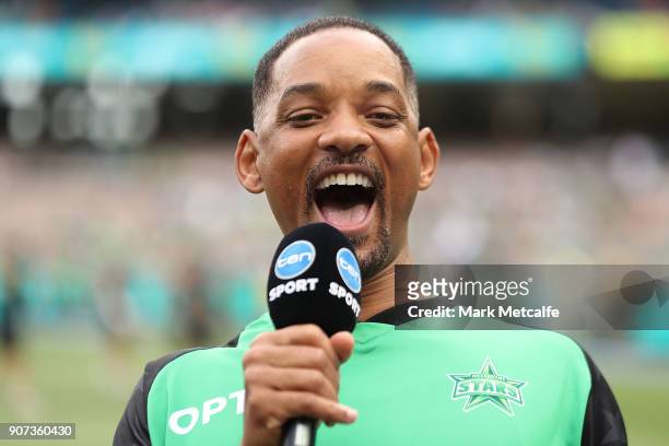 Actor Will Smith is interviewed on the field before the Big Bash League match between the Melbourne Stars and the Sydney Thunder at Melbourne Cricket...