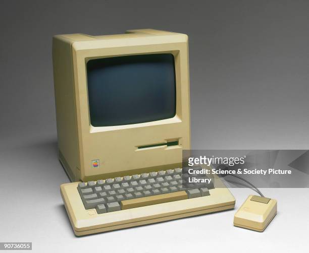Apple Macintosh computer, model M001, with keyboard and mouse. The Apple Macintosh was designed by Steve Jobs to be as 'user-friendly' as possible....