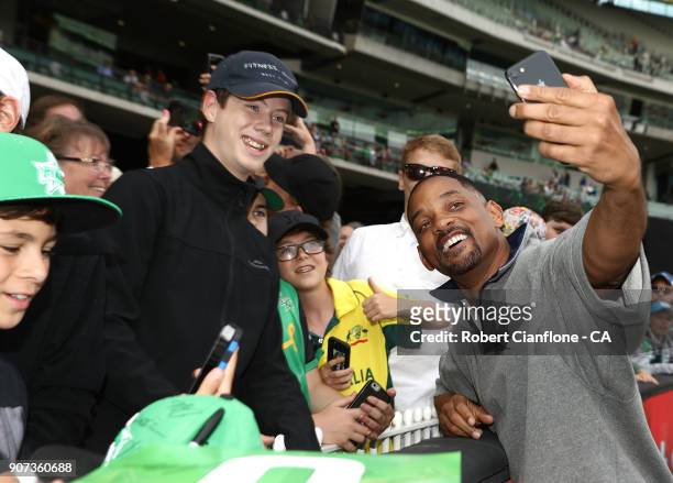 Actor Will Smith meets with fans prior to the Big Bash League match between the Melbourne Stars and the Sydney Thunder at Melbourne Cricket Ground on...