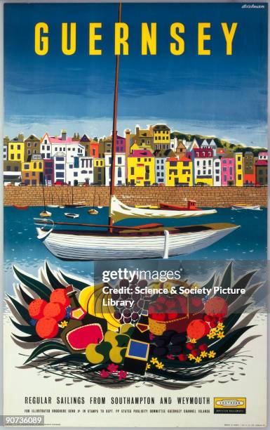 Poster produced for British Railways Southern Region , promoting rail links to the island of Guernsey in the Channel Islands, showing small boats...