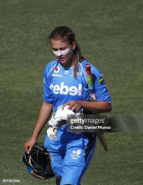 Strikers' Alex Price leaves the pitch after losing her wicket during the Women's Big Bash League match between the Sydney Thunder and the Adelaide...