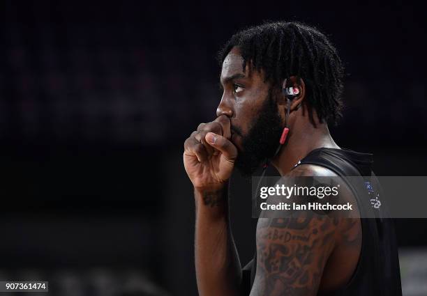 Rakeem Christmas of the Breakers warms up before the start of the round 15 NBL match between the Cairns Taipans and the New Zealand Breakers at...