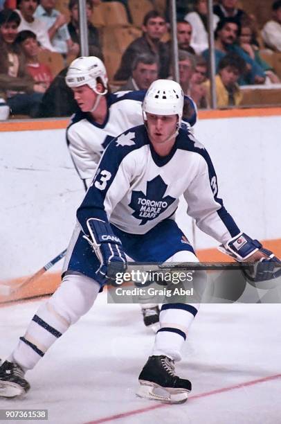 Al Iafrate of the Toronto Maple Leafs skates against the Edmonton Oilers during NHL preseason game action on September 25, 1985 at Maple Leaf Gardens...