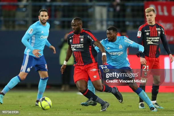 Ismael Diomande of Caen and Andre Anguissa of Marseille during the Ligue 1 match between Caen and Olympique de Marseille at Stade Michel D'Ornano on...