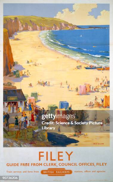 Poster produced for British Railways to promote train services to Filey, North Yorkshire. Artwork by Ellis Silas.