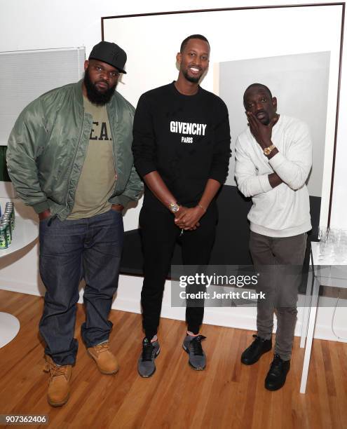 Scott Hanes, Ivan Kagame and Abou "Bu" Thiam attend the "For Your Information" Pop-Up Art Show hosted by FYI Brand Group And Joseph Gross Gallery on...