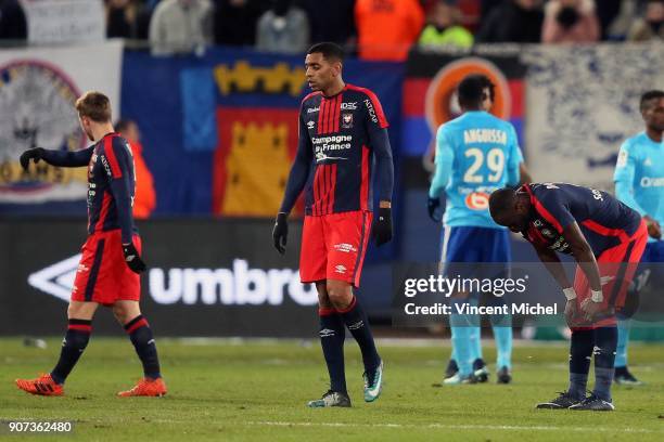 Ronny Rodelin of Caen and Ismael Diomande of Caen during the Ligue 1 match between Caen and Olympique de Marseille at Stade Michel D'Ornano on...