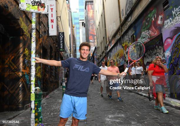 Diego Schwartzman of Argentina poses in Hosier Lane during day six of the 2018 Australian Open at Melbourne Park on January 20, 2018 in Melbourne,...