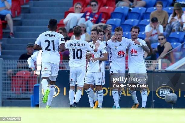 Phoenix players celebrate a goal during the round 17 A-League match between the Newcastle Jets and Wellington Phoenix at McDonald Jones Stadium on...