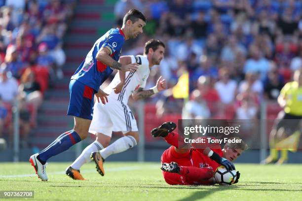 Lewis Italiano of the Phoenix makes a save during the round 17 A-League match between the Newcastle Jets and Wellington Phoenix at McDonald Jones...