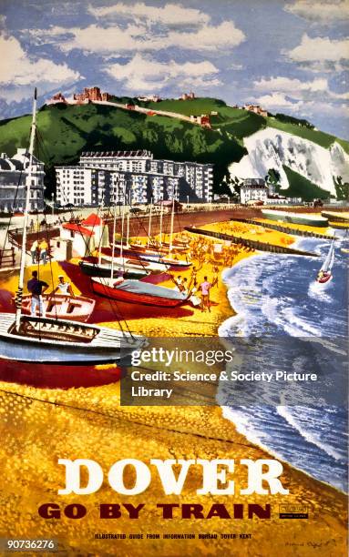 Poster produced by British Railways to promote train services to Dover in Kent. Artwork by Frederick Griffin.