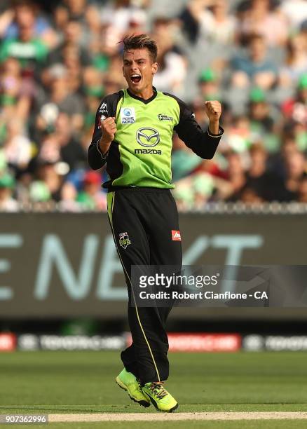 Chris Green of the Thunder takes the wicket of Kevin Pietersen of the Stars during the Big Bash League match between the Melbourne Stars and the...