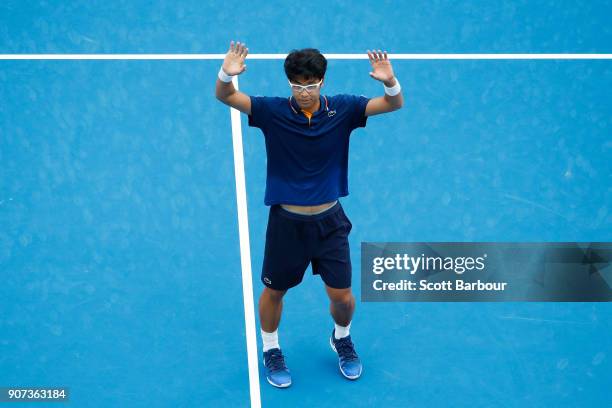Hyeon Chung of Korea celebrates after winning his third round match against Alexander Zverev of Germany on day six of the 2018 Australian Open at...
